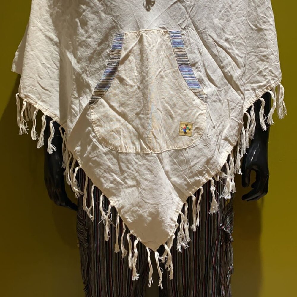 Cotton Diamond-Cut Front Pocket Hoodie Poncho - Solid (Cream) - Picture 2 of 2